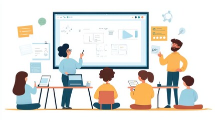 Engaging Business Meeting with Team Presentation and Collaboration in Modern Office Setting with Digital Tools and Dynamic Charts on Display