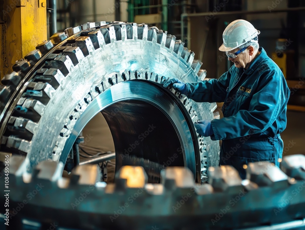 Poster skilled worker in industrial setting inspecting large metal gear component for quality assurance in 
