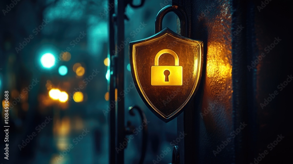 Poster a close-up shot of a metal door with a lock and keyhole, ideal for use in interior design or archite