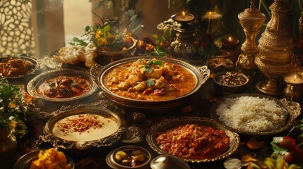 Feast with traditional indian food. indian food. Ultra realistic. Photorealistic hypermaximalist advertising photography hyper realistic fine detail