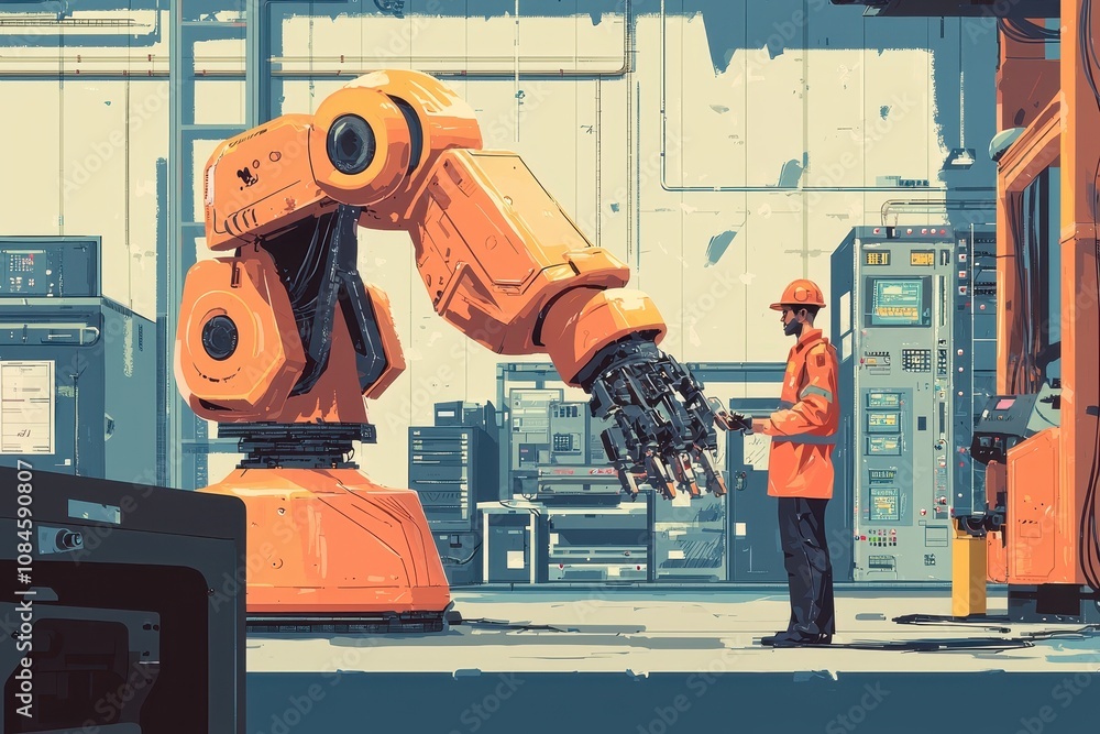 Poster advanced robotic arm assisting worker in modern manufacturing facility with dynamic industrial autom