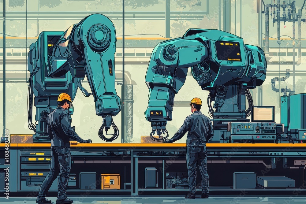 Poster advanced robotic arms collaborating in an industrial setting with human operators, showcasing the fu