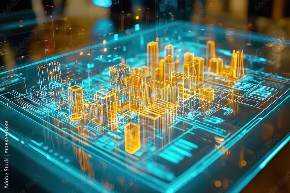 Poster futuristic cityscape visualization with neon lights and digital architecture in 3d rendered format f