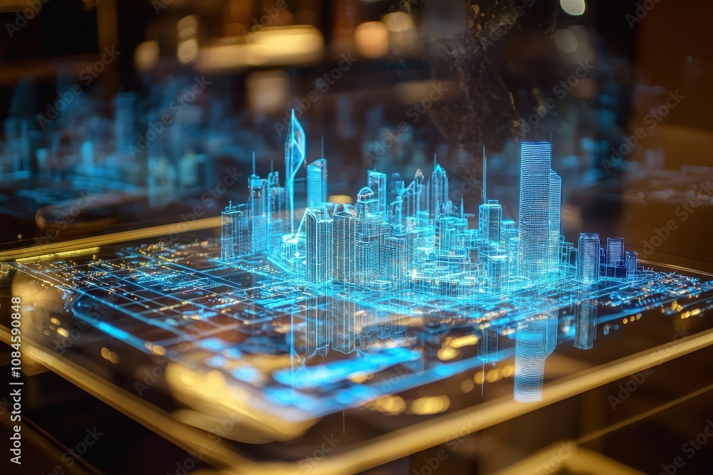 Poster futuristic cityscape model display in neon lights with digital technology elements reflecting urban 