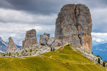 Cinque Torri mountain tower in the Dolomites group of distinctive rock towers offering dramatic...