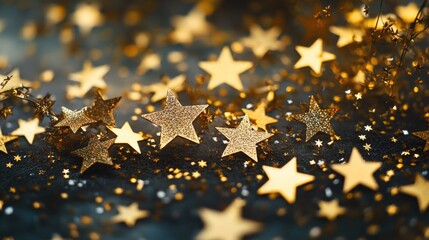 A collection of shiny gold stars on a dark surface