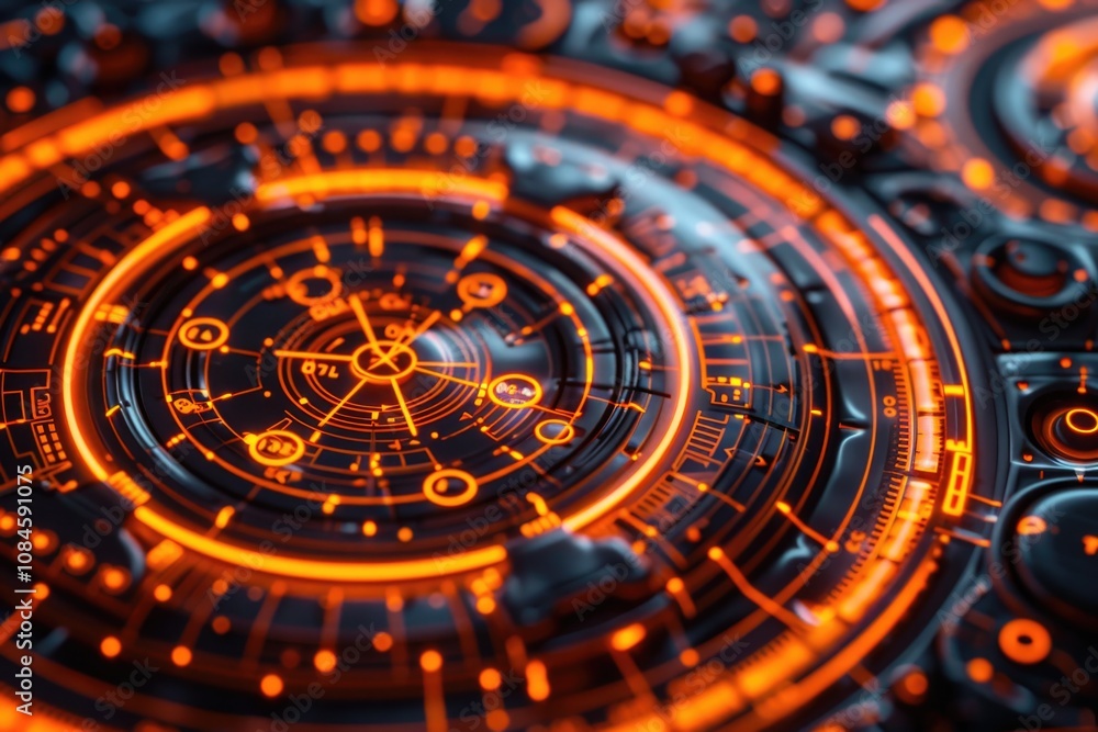 Poster close up shot of a futuristic clock face with glowing blue hands and intricate details