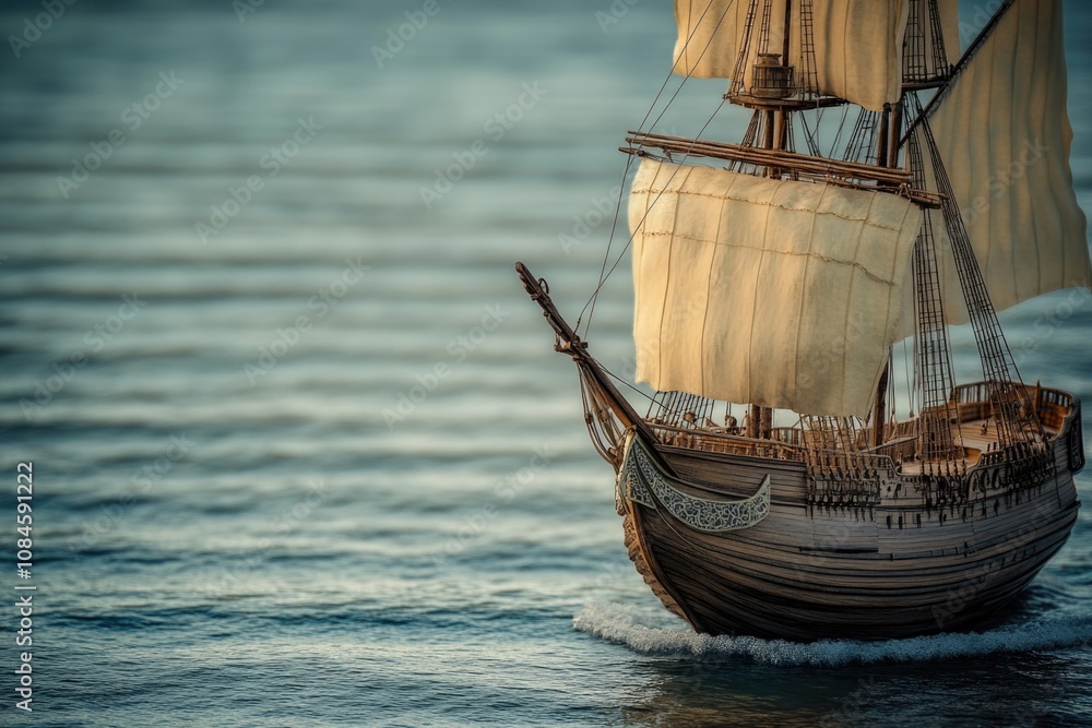 Poster a model sailing ship floats on calm water, great for use as a decorative element or in a story about