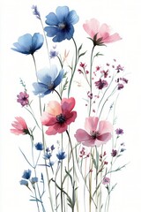 Beautiful watercolor painting of vibrant purple flowers with delicate petals and green leaves