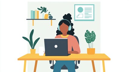 Fototapeta premium Woman Working on Laptop at Home Office, Surrounded by Green Plants and Organized Desk with Chart, Books, and Coffee Cup for Remote Work Environment