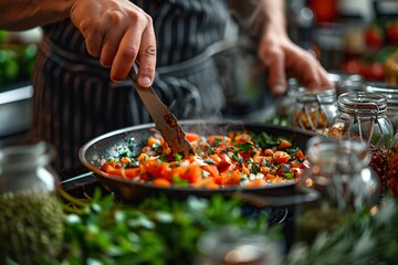 A chef skillfully stirs a colorful mix of fresh vegetables in a skillet, surrounded by herbs and jars, in a dynamic kitchen atmosphere where steam rises from the pan