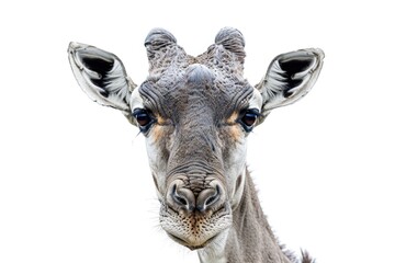 Close-up shot of a giraffe's face on a white background, suitable for wildlife or educational uses