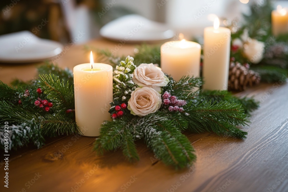 Poster a close-up view of a table decorated with candles and flowers