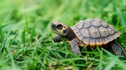 Obraz premium A small turtle walks across lush green grass