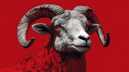 Striking illustration of a ram against a bold red background