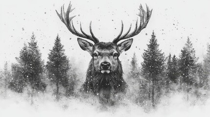Majestic stag with antlers surrounded by snowy forest landscape