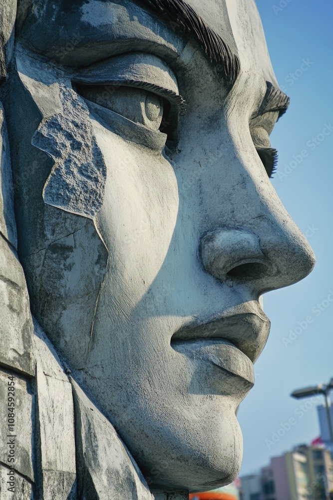 Poster close-up shot of a statue depicting a woman's face, ideal for use in editorial or artistic contexts