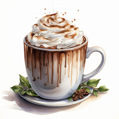 Festive cup of hot chocolate, watercolor
