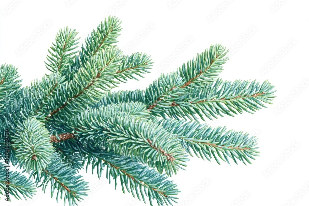 Poster a detailed view of a pine tree's branch with needles and buds