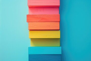 A stack of colorful books standing against a blue wall, great for backgrounds or creative projects