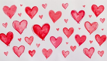 Cute watercolor heart patterns in various sizes on a white background for romantic designs
