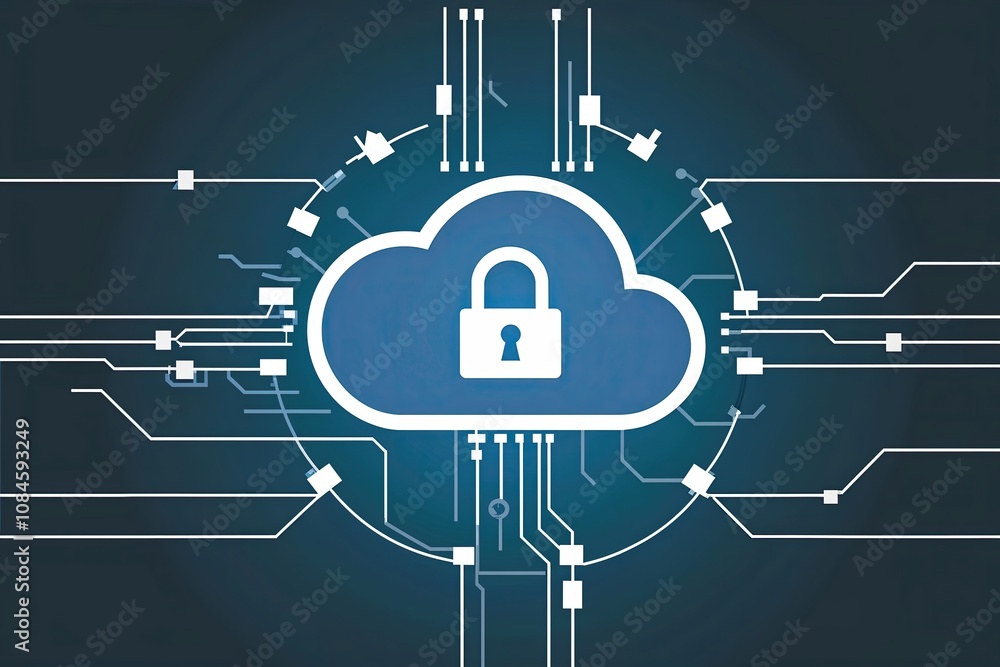 Poster cloud technology security illustrated with bright cloud and secure key icon on virtual circuit
