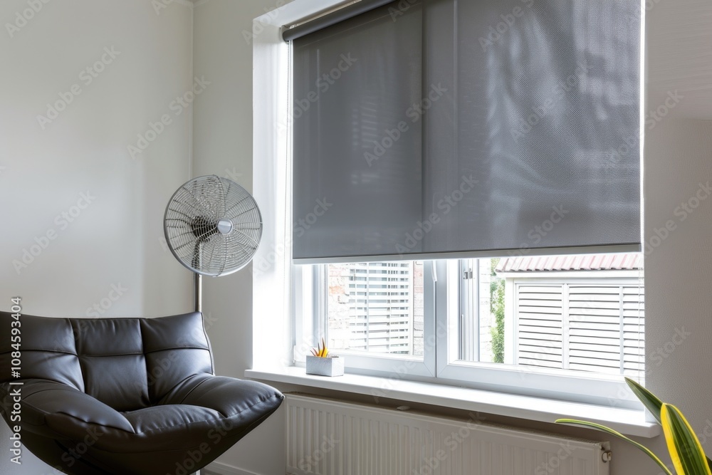 Poster A simple scene of a black chair facing a window with a fan installed