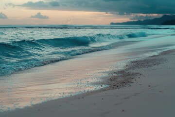 Fototapeta premium A single surfboard lies on the sandy beach shore, waiting for its next adventure