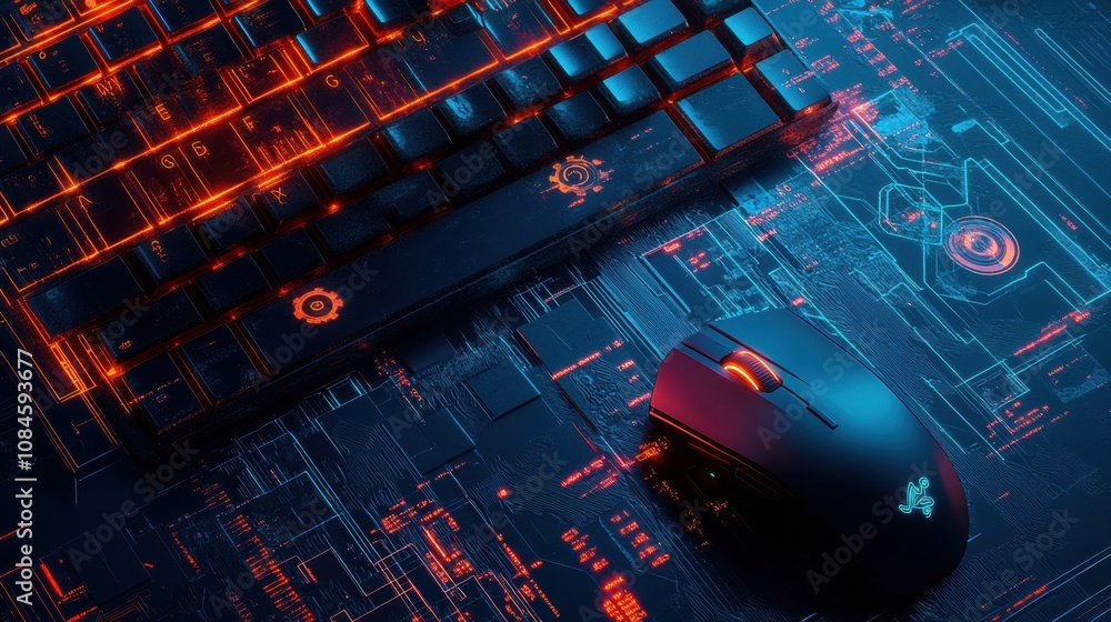 Poster a keyboard and mouse set features glowing tech designs with gear icons, situated on a vibrant circui