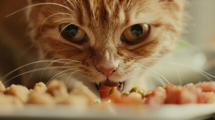 A close-up shot of a curious cat enjoying its meal on a plate