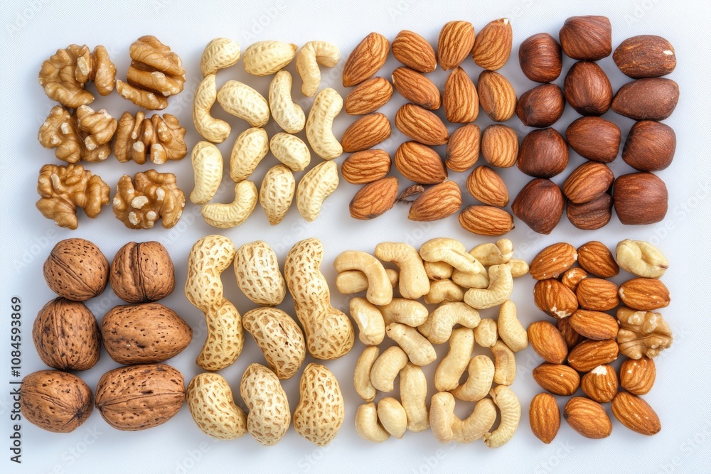 Poster a collection of various nuts arranged on a clean white surface