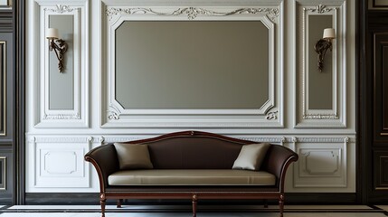 Couch positioned against a wall with decorative molding. A classic interior touch.