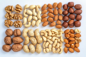Obraz premium A collection of various nuts arranged on a clean white surface