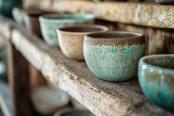 Bowls sitting on a wooden shelf