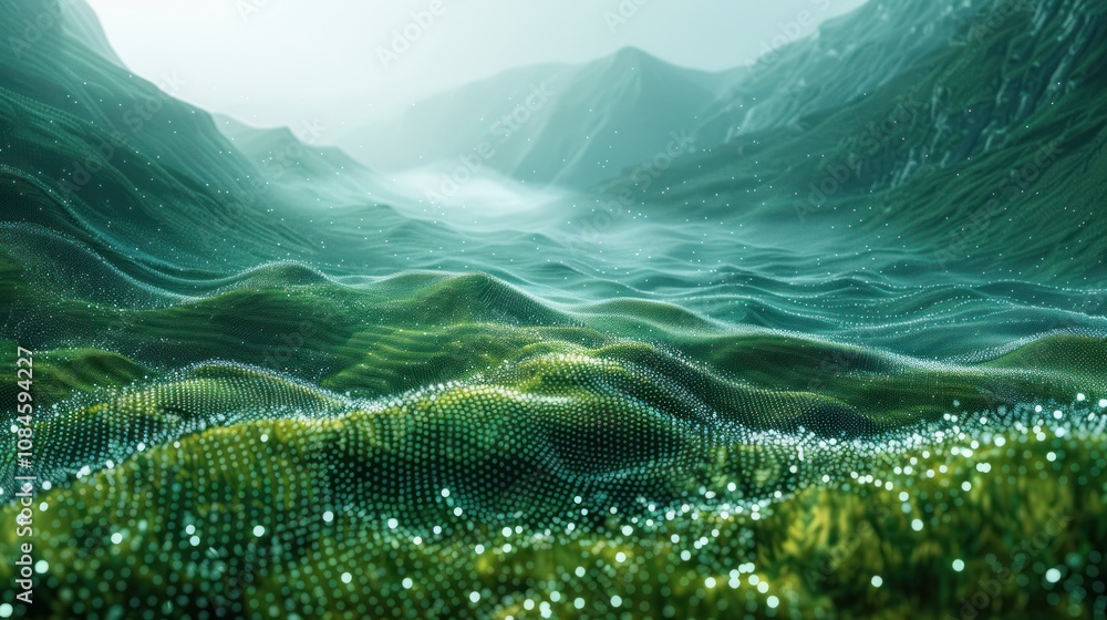 Poster a digital rendering of a green valley with rolling hills and fog in the distance. the hills are made