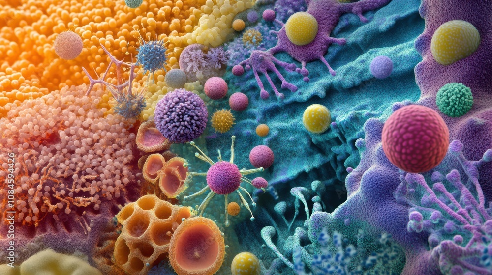 Poster this vibrant microscopic view reveals a variety of cells and structures, illustrating the complexity
