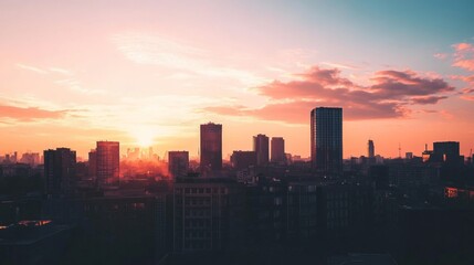 Fototapeta premium A vibrant sunset casts a warm glow over a city skyline, with towering skyscrapers silhouetted against the fiery sky.
