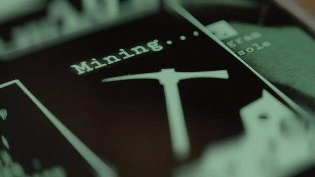 Mining cryptocurrency process, the working hammer symbol of mining on screen, macro view