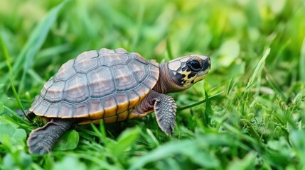 Obraz premium A small turtle perched on a vibrant green field, ideal for illustration or design