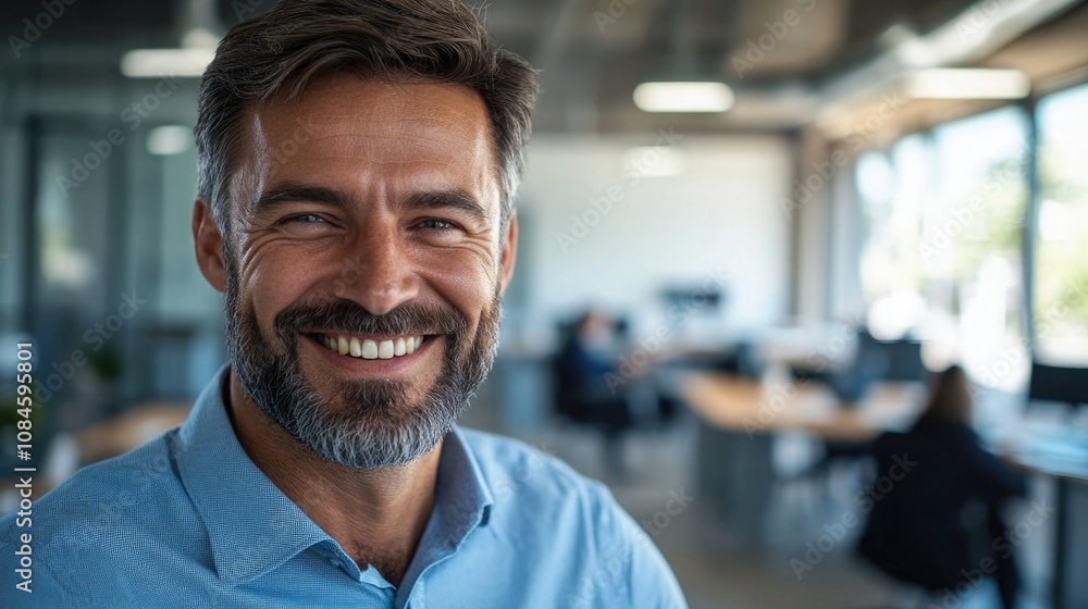 Poster a smiling man with a beard looks directly at the camera, conveying friendliness and approachability