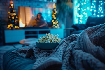 A comfortable living room decorated with twinkling lights sets the ambiance for a cozy movie night. A bowl of popcorn sits on a soft blanket, inviting relaxation and enjoyment