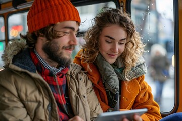 A young couple sits side by side on a bus, immersed in a shared experience with a tablet. They are surrounded by a bustling cityscape outside, encapsulated in a cozy atmosphere