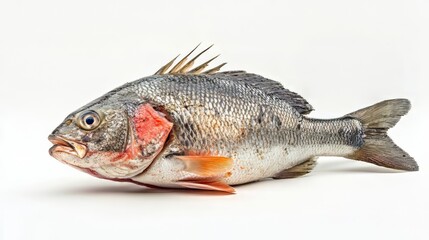 Fototapeta premium Fresh fish and other seafood isolated on white. seafood. Ultra realistic. Photorealistic hypermaximalist advertising photography hyper realistic fine detail