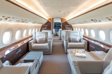 Fototapeta premium Passengers seated on couches and tables inside a commercial airliner