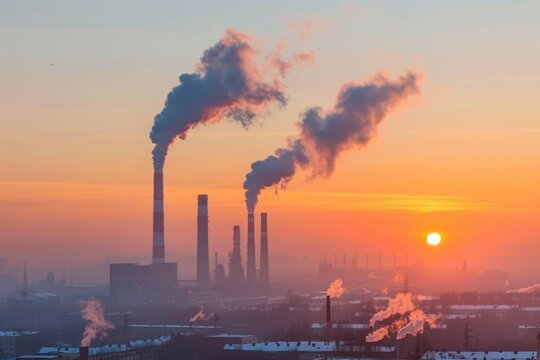 A picturesque view of a factory at sunset, surrounded by smoke stacks