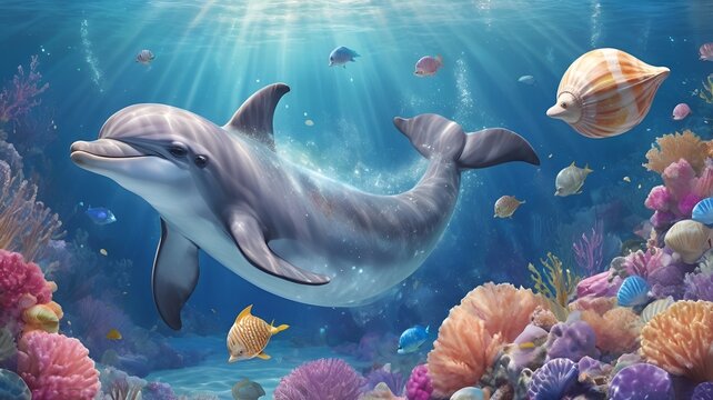 Playful dolphin swimming joyfully among colorful corals and fish in a vibrant underwater scene