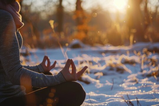 A person practicing yoga in a snowy setting, great for winter-themed content or relaxation scenes