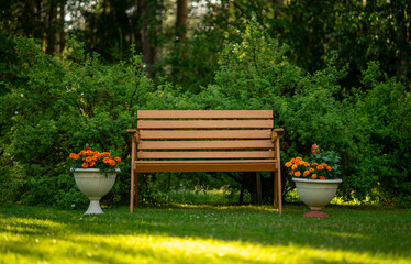 A brown wooden bench for the garden and cottage.Garden furniture with your own hands.