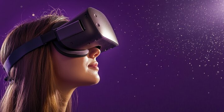 A person wearing a VR headset on a purple backdrop, concept image for tech and innovation
