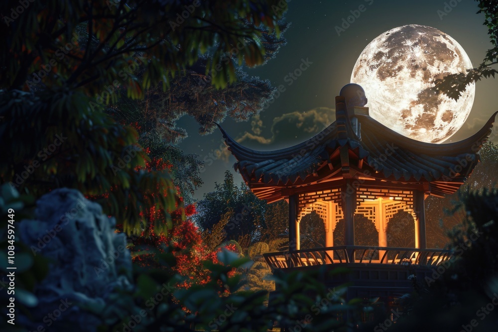 Aufkleber A pagoda structure with intricate details and architecture, illuminated by the bright light of a full moon in the background